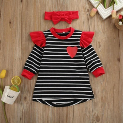 

Toddler Baby Girls Striped Tunic Shirts Dress Fall Long Sleeve Heart Print Party Princess Dresses Outfit with Headband