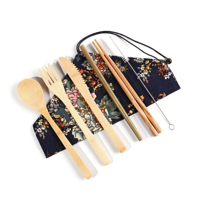 

7Pcsset Japanese Style Bamboo Wooden Cutlery Set Fork Cutter Cutting Reusable Kitchen Tool With Bag Useful Kitchen Cooking Tool