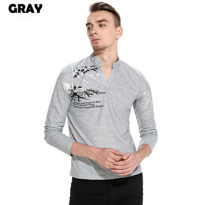 

New Style Fashion Hot Print Mens Slim Fit Long Sleeve Tee Shirts Casual V Neck T-shirt Tops