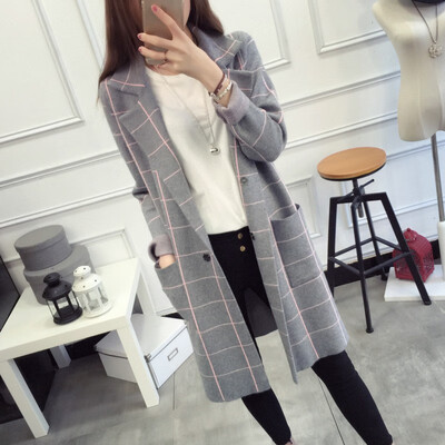

Womens wear of 2018 new Korean suit-collar plaid knitted sweater with a long&loose cardigan jacket