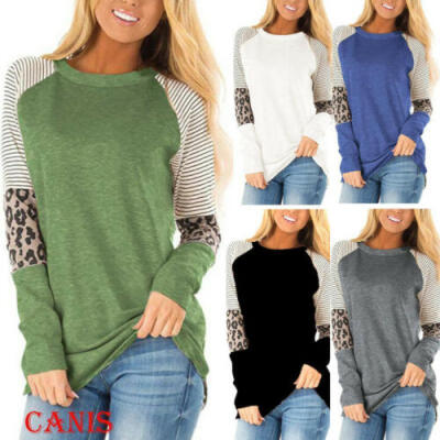 

Womens Leopard Raglan Long Sleeve T Shirt Casual Tops Basic Tee Blouse Sweater