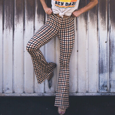 

Fashion Women Ladies Flare Pants Plaid Printing Casual Pants Trousers