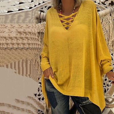 

Women Casual Loose V-collar Long sleeved Bat Sleeve Shirt