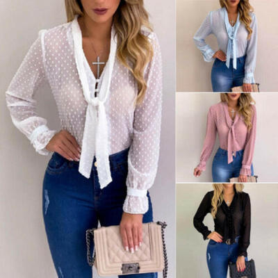 

US Women Long Sleeve Blouse Solid Loose Casual Chiffon Top Tee Shirt Business