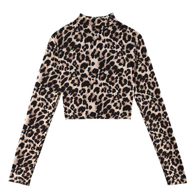 

High Street Office Lady High Neck Leopard Print Fitted Pullovers Women Autumn Casual Long Sleeve Crop Tops Female T Shirt