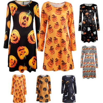 

Womens Ladies Skull Pumpkin Flared Swing Dress Halloween Party Dresses Plus Size
