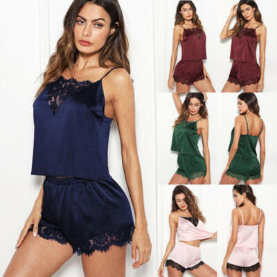 

2pcs Women Sexy Satin Lace Sleepwear Lingerie Nightdress Shorts Pajamas Set