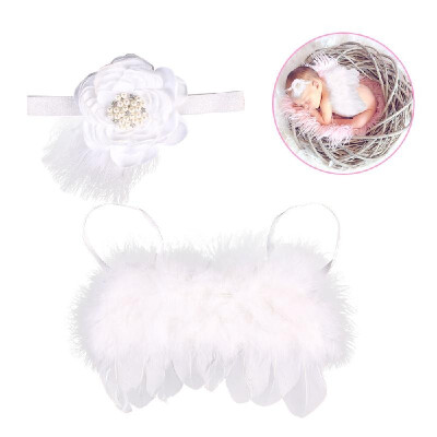 

Newborn Photography Props Angel Feather Plume Wings&Headband Set Photo Costume Outfit Floral Hair Accessory Unisex Baby Infant