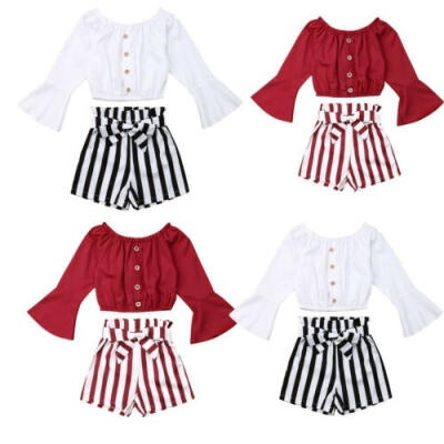 

Kids Toddler Baby Girl Long Sleeve T-shirtStriped Short Pants Outfit Dresses