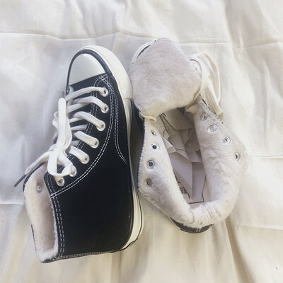 

EVEM1970s engraved plus velvet canvas shoes couples versatile student casual shoes high-top fashio
