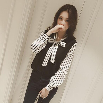 

Women Casual Bow Tie Shirt Long Sleeve Blouse Ladies Office OL Work Stripe Tops