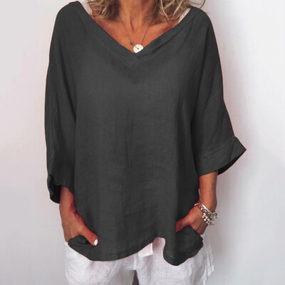

Nomeni Womens Casual O-Neck 34 Sleeve Solid Linen T-Shirt Loose Pullover Top Blouse