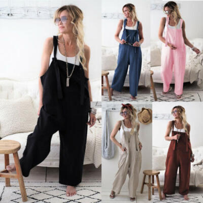 

US Womens Casual Loose Linen Pants Cotton Jumpsuit Strap Harem Trousers Overalls