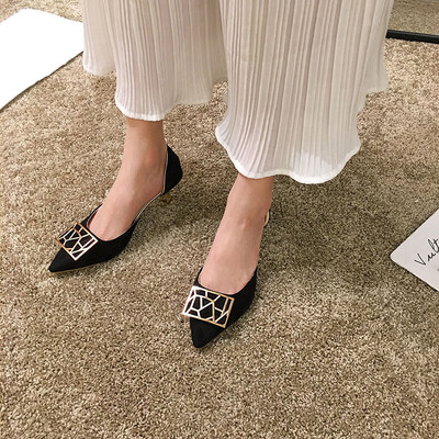

New Korean version of single-shoe womens summer shoes with pointed shallow mouth hollow&high heels thin heels metal squar