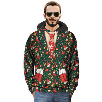 

Christmas Autumn Winter Casual Hooded Hoodies 3D Print Gifts Fake Two Pieces Loose Sweatshirts For Men