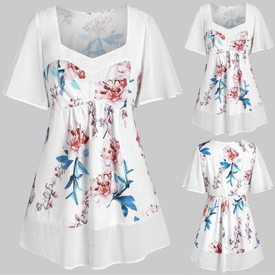 

Roseonmyhand Plus Size Fashion Women Floral Printed V-Neck Short Sleeve Tops Casual Blouse
