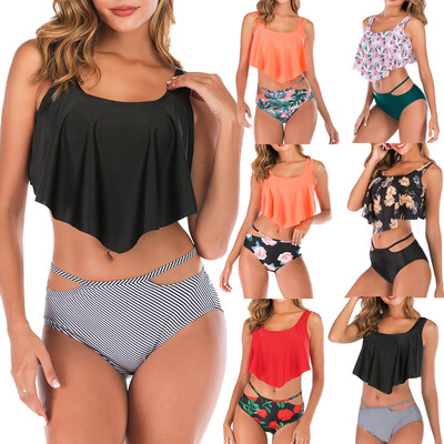 

Roseonmyhand Women Two Piece Plus Size Sexy Backless Halter Beach Printed Swimwear Set