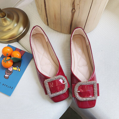 

Square head shallow mouth shoes women 2019 spring patent red flat shoes fairy wind Joker rhinestone soft bottom bean shoes