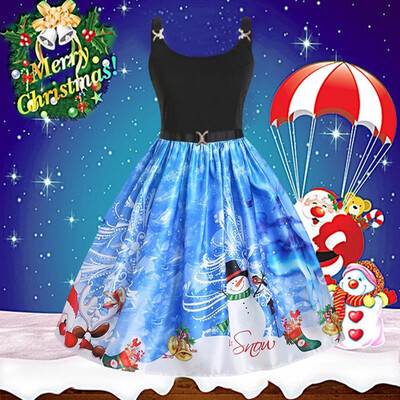 

Tailored Womens Fashion Straps Vintage Santa Claus Snowflake Print Christmas Dress