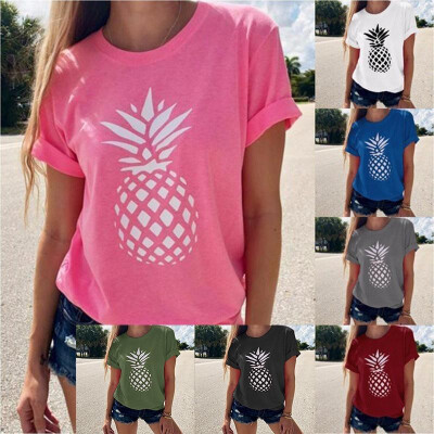 

Cross-border 2019 summer wish hot sale fashion short-sleeved round neck pineapple printing T-shirt womens seven-color five yards