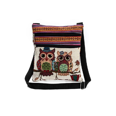 

Women Mini Crossbody Bag Owl Embroidery Jacquard Zipper Adjustable Strap Light Messenger Travel Outdoor Shoulder Bag