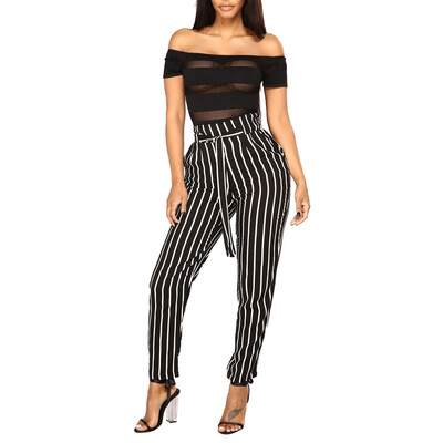 

Tailored Women High Waist Harem Pants Women Bowtie Elastic Waist Stripe Casual Pants