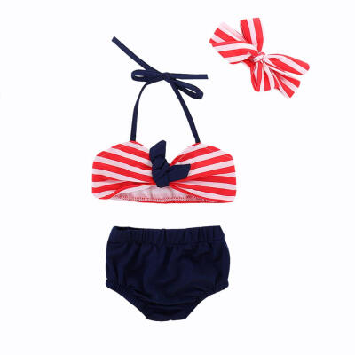 

3pcsset Baby Girls Stripe Swimwear Headband Kids Split Swimsuit Hairbands