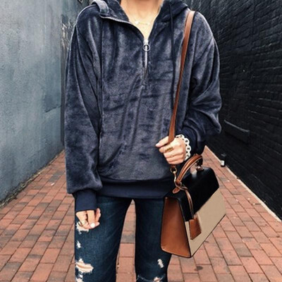 

Fashion Women Autumn Fluffy Hooded Hoodie Solid Color Long Sleeve Drawstring Zipper Warm Casual Streetwear Outerwear