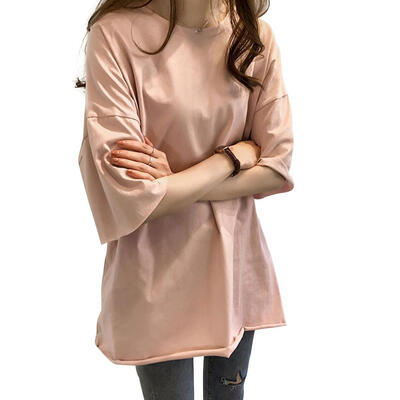 

Summer O-neck Half Sleeve T-shirt Long Section Solid Color Loose Women Tops