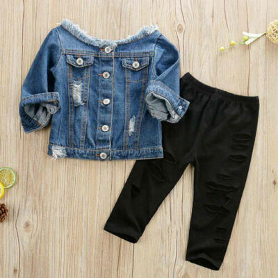 

Toddler Kid Baby Girls Denim Jacket Off Shoulder Tops Pants Autumn Clothes Set