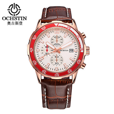 

Augustus multi-function mens watch three eyes six-pin quartz watch business casual belt mens sports waterproof