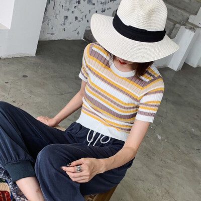 

Womens PulloverStriped Short Sleeve Slim Knitted Top T-Shirt