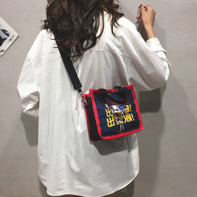 

Ins super fire handbag female 2019 new cartoon printing Messenger bag summer net red canvas shoulder bag tide