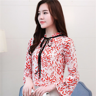 

2018 New Female Chiffon Blouse Lady Printing Bow Shirt Loose Stand collar Women Long-Sleeved Shirts