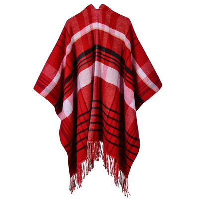 

Women Poncho Cardigan Sweater Contrast Color Plaid Print Cashmere Capes Shawl Scarf Outerwear