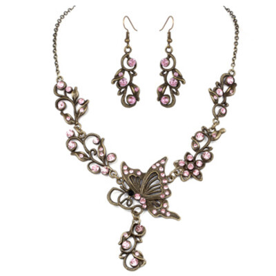 

Vintage Women Butterfly Flower Crystal Wedding Necklace Earrings Jewelry Set