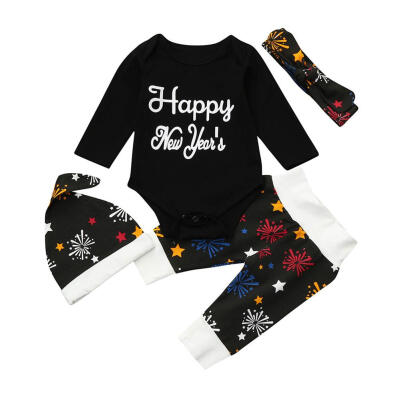 

4pcsSet Newborn Baby New Year Outfits Fireworks Romper Pants Headband Hat