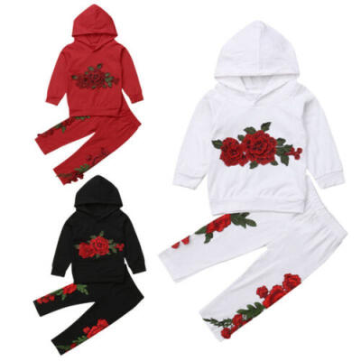 

Fashion Embroidery Kids Baby Girls Hooded Top Pants Outfits Clothes Tracksuit US