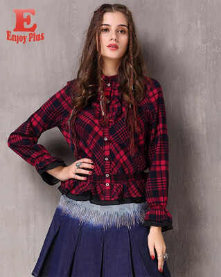 

M L vintage cotton new autumn spring 2018 women blouse shirt long sleeve red&black plaid loose lady top