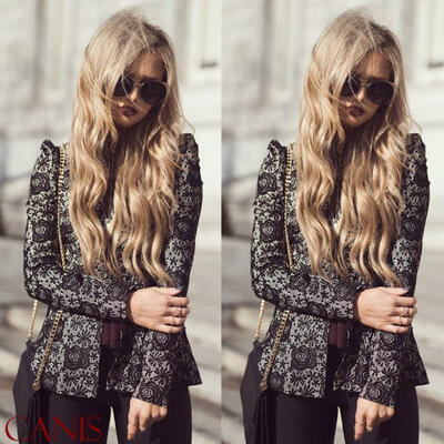 

Autumn Women Cotton Lace Floral Coat Outwear Tops Black Long Sleeve Slim Blazer