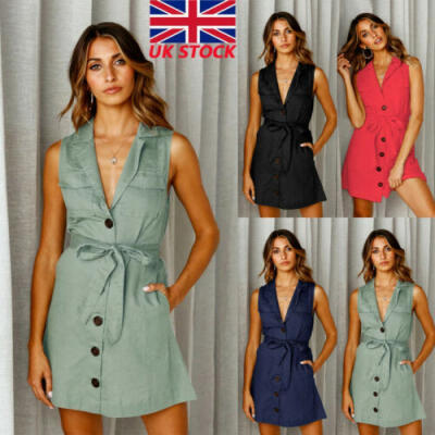 

UK Women Sleeveless Belt Boho V-Neck Mini Dress Ladies Summer Sundress Holiday