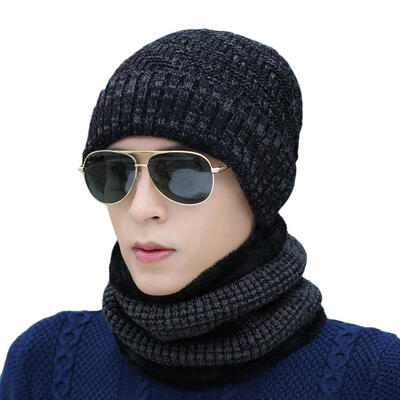 

Men Fashion Crochet Knitted Beanie Winter Warm Hat Caps with Collar Scarf