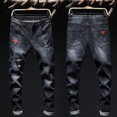 

Gobestart Fashion Mens Casual Personality Printing Slim Fit Denim Jeans Pants