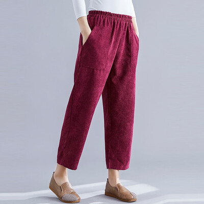 

Tailored Womens Elastic Waist Cotton Linen Cropped Nine pants Ladies Casual Pocket Pants