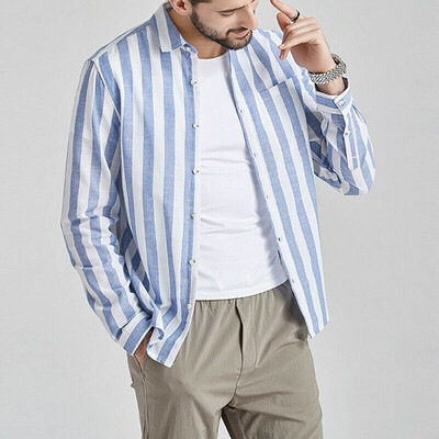 

Tailored Men Vintage Striped Button Linen Solid Long Sleeve Retro Shirts Tops Blouse