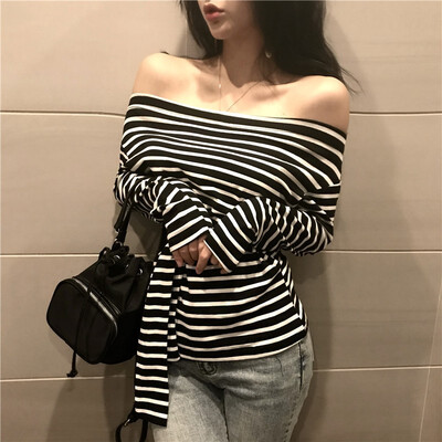 

Sexy temperament word collar strapless lace waist slimming long sleeve bottoming T-shirt female