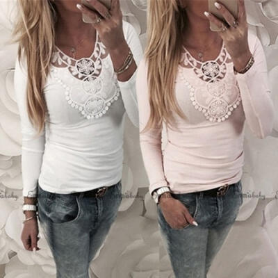 

White&Pink Lace Hollow Slim Blouses for Women Long Sleeve Shirt Tops Stylish niceshirt