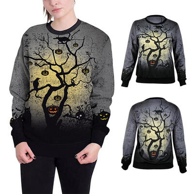 

Autumn Women Halloween Tree&Pumpkin Light Print Sweatshirts Fashion Round Collar Pullover Casual Long Sleeve Loose Hoodies