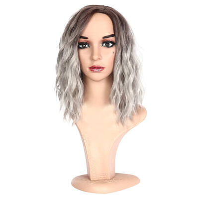 

Gobestart Synthetic Gray Blue Short Hair Wigs for Women Long Water False Hair Wave