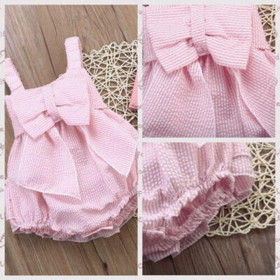 

Newborn Summer Baby Girl Ruffle Solid Romper Stripe Jumpsuit Bow Outfit Clothes